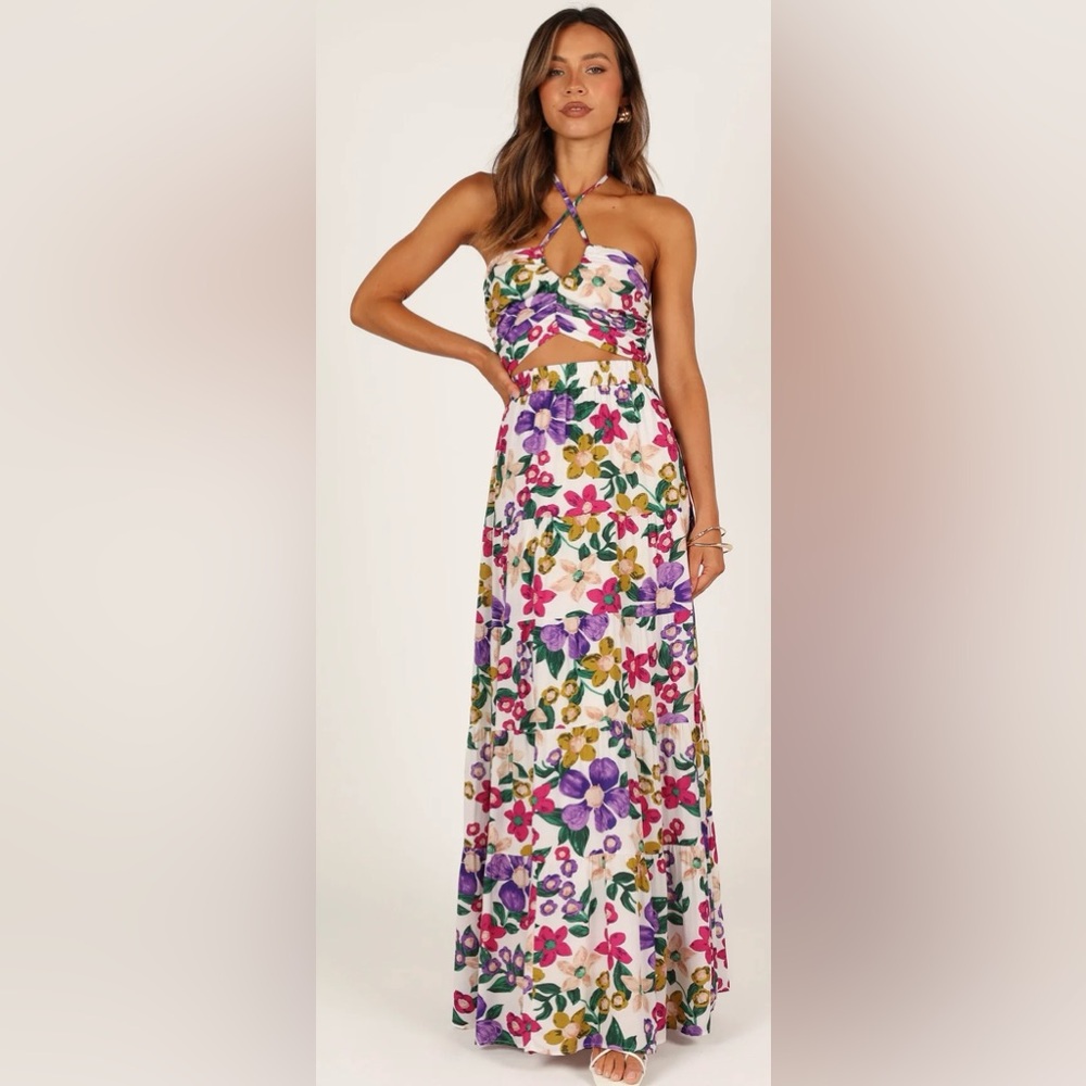 Petal & Pup White Floral Halter Skirt Set with Purple & Pink Flowers